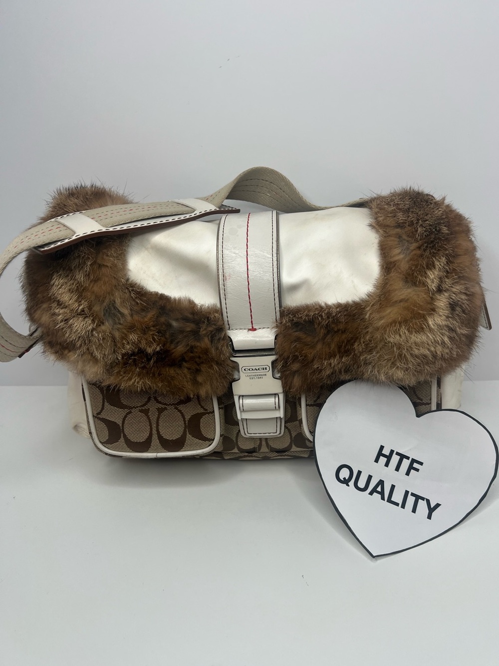 Y2K Coach Rabbit Fur Trim Shoulder Bag Canvas Ski Flap 3590 Jacquard Fabric